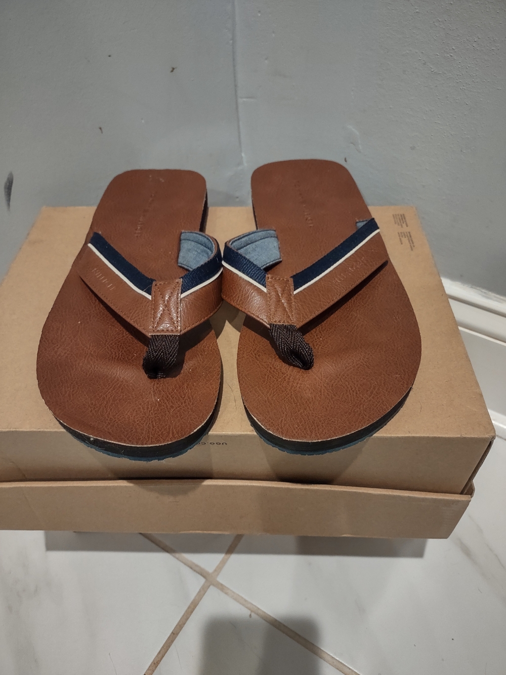 Tommy Hilfiger Brown Flip-Flops with Navy and Light Blue Straps